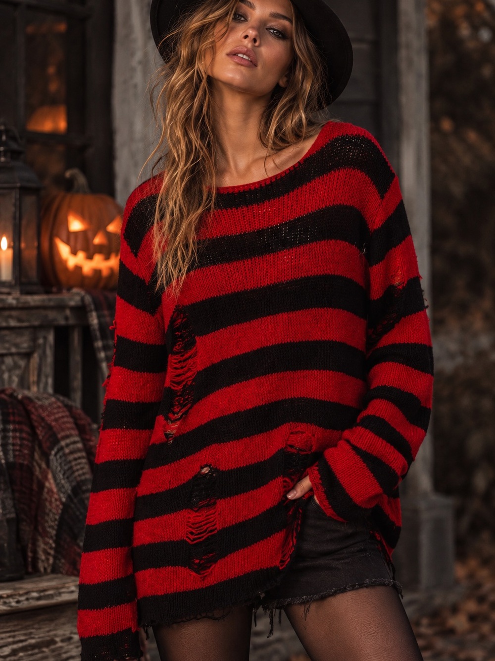 Distressed Red Black Striped Sweater Freddy Krueger Inspired Halloween M